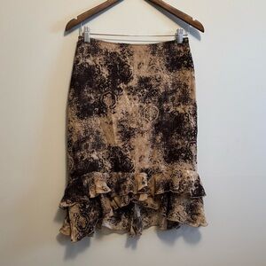 Louben Vintage Silky Viscose Ruffle Asymmetrical Hem Pencil Midi Skirt Brown